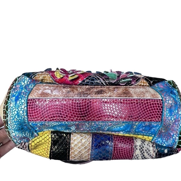 TRESKA Multi Colored 3D Leather Floral Rhinestone Patchwork Shoulder Bag - Picture 10 of 16